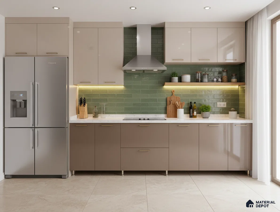 Modern kitchen with taupe and beige laminate cabinets, green subway tile backsplash, and white quartz countertop in Bengaluru