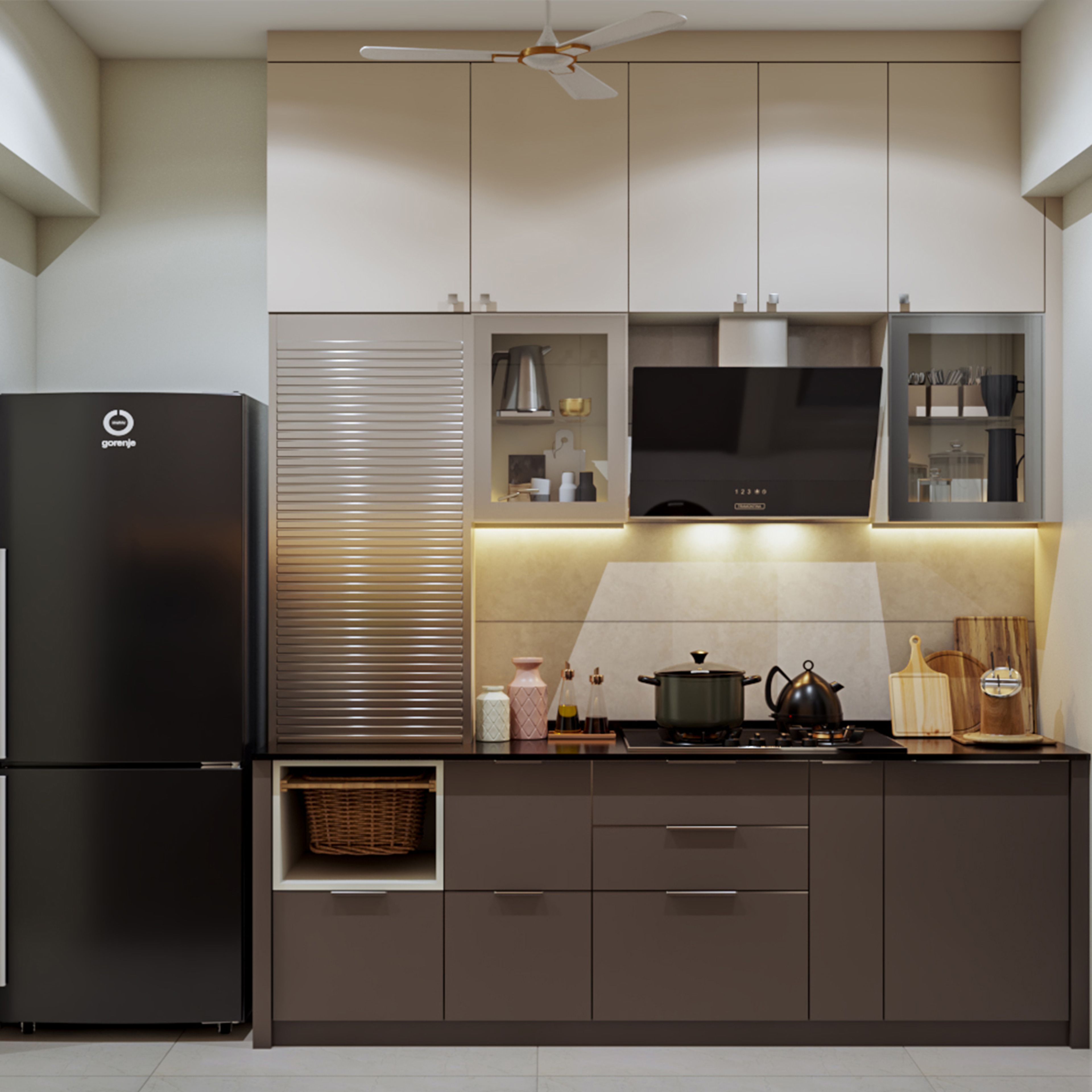 Modern kitchen with taupe and beige laminate cabinets, metallic roller shutter, and beige tile backsplash in Bengaluru | Material Depot