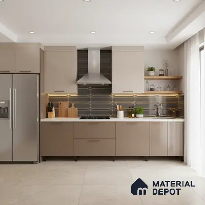 Modern kitchen with taupe and beige laminate, geometric black and gold backsplash tile, and white quartz countertop in Bengaluru