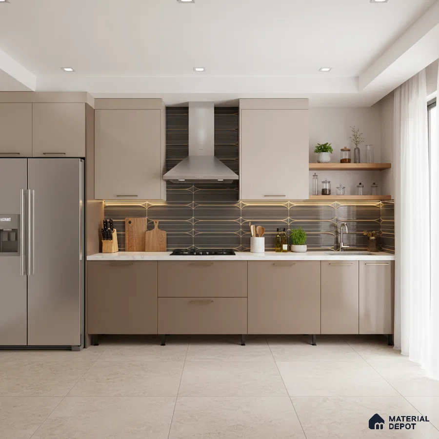 Modern kitchen with taupe and beige laminate, geometric black and gold backsplash tile, and white quartz countertop in Bengaluru