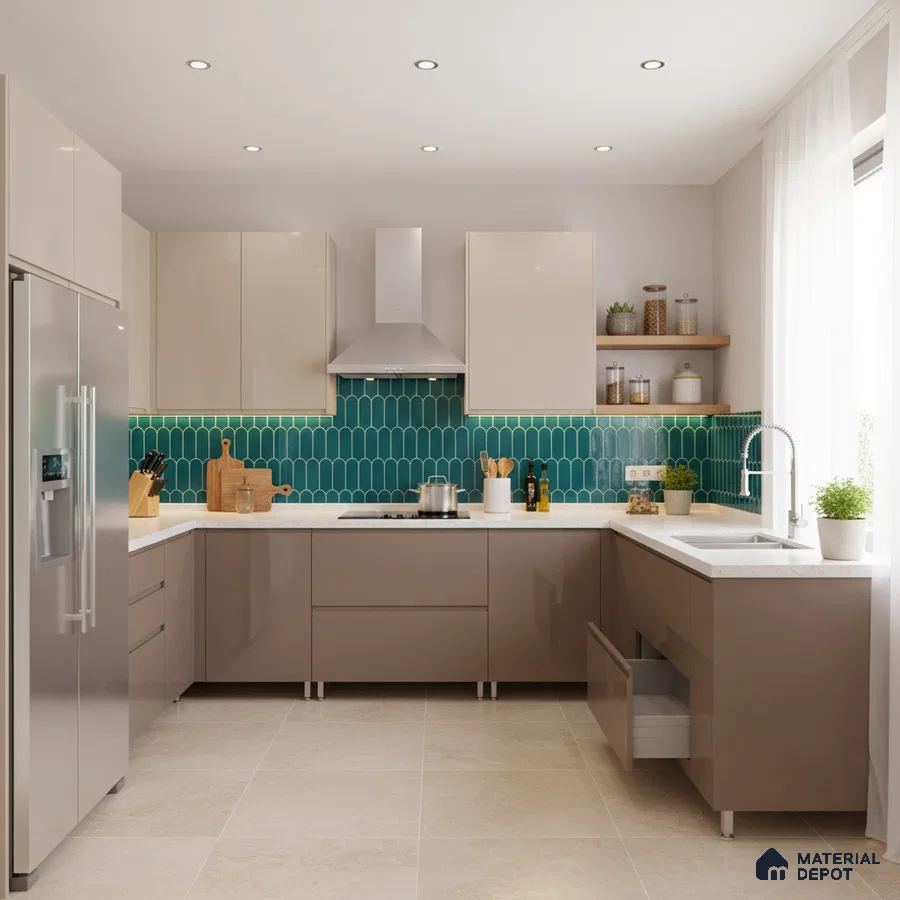 Modern kitchen with taupe and beige laminate, teal fishscale backsplash tile, and white quartz countertop in Bengaluru