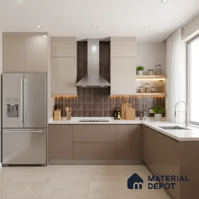 Modern kitchen with taupe and beige laminate, white quartz countertop, and geometric brown backsplash tile in Bengaluru