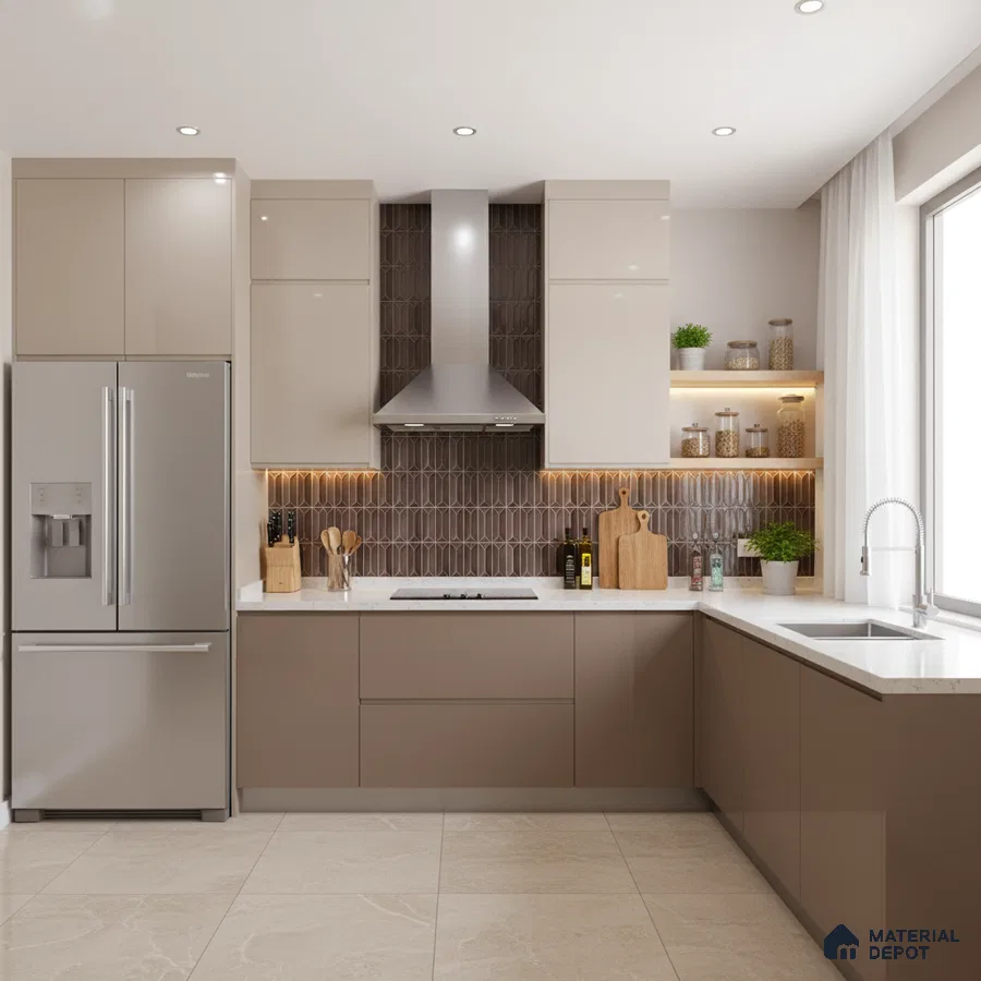 Modern kitchen with taupe and beige laminate, white quartz countertop, and geometric brown backsplash tile in Bengaluru