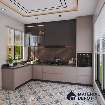 Modern kitchen with taupe and charcoal laminate, brown marble backsplash, and patterned geometric floor tiles in Bengaluru | Material Depot
