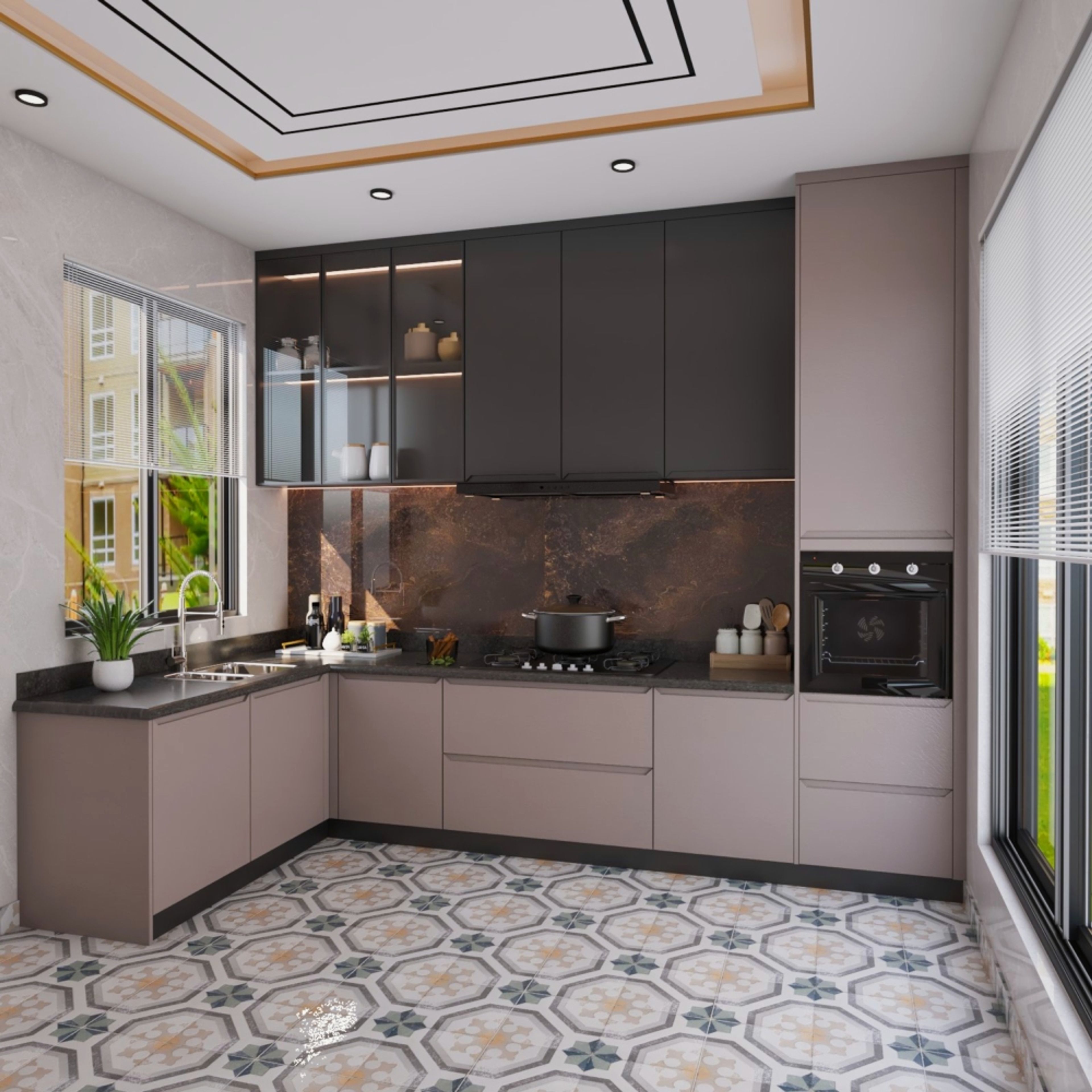 Modern kitchen with taupe and charcoal laminate, brown marble backsplash, and patterned geometric floor tiles in Bengaluru | Material Depot