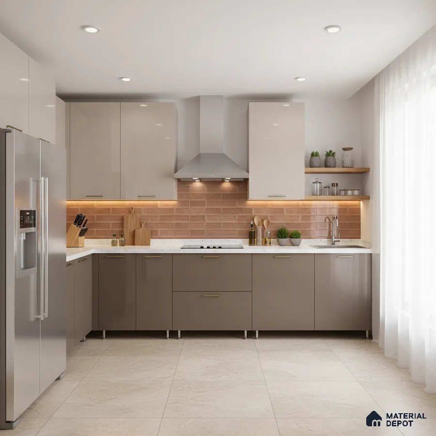 Modern kitchen with taupe and frosty white laminate, marble-look countertop, and beige brick subway backsplash tile in Bengaluru