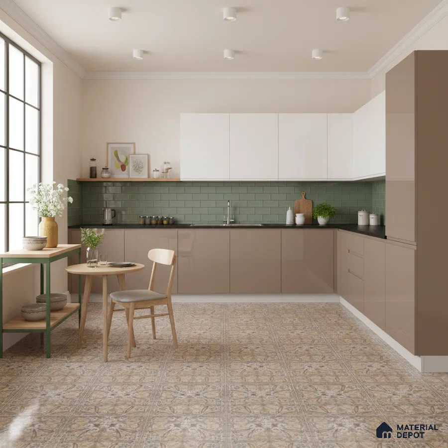 Modern kitchen with taupe and white laminate cabinets, sage green subway tile backsplash, and patterned beige floor tiles in Bengaluru