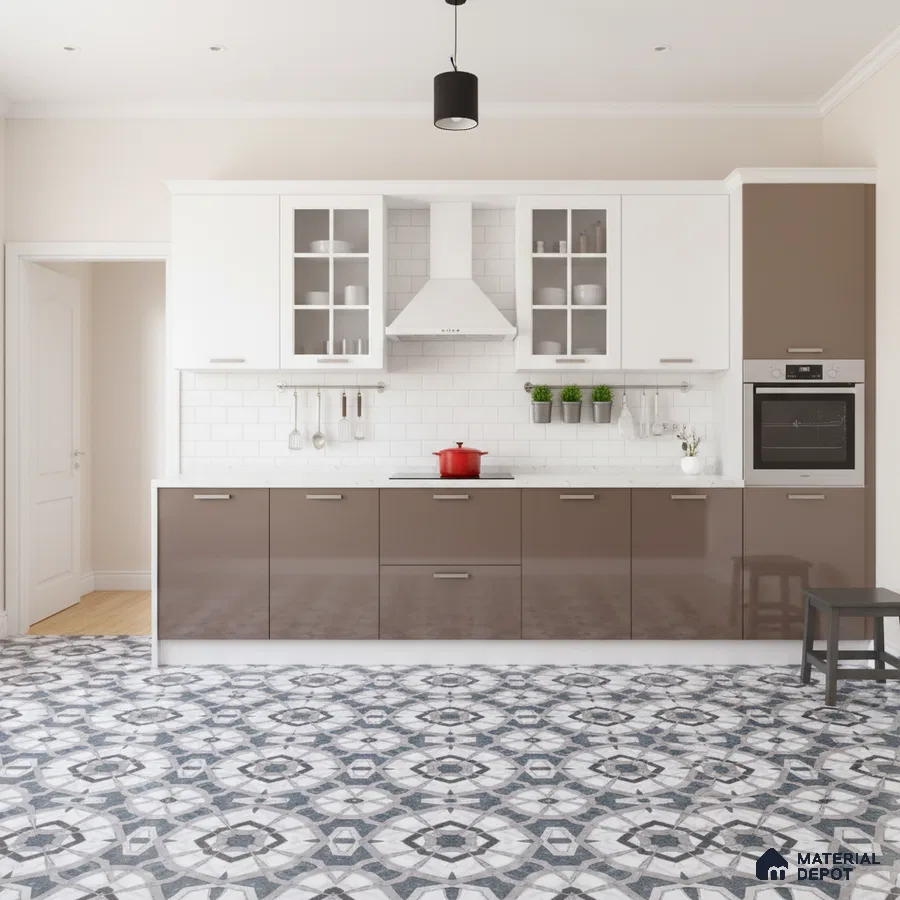 Modern kitchen with taupe and white laminate cabinets, white subway tile backsplash, and geometric patterned floor tiles in Bengaluru