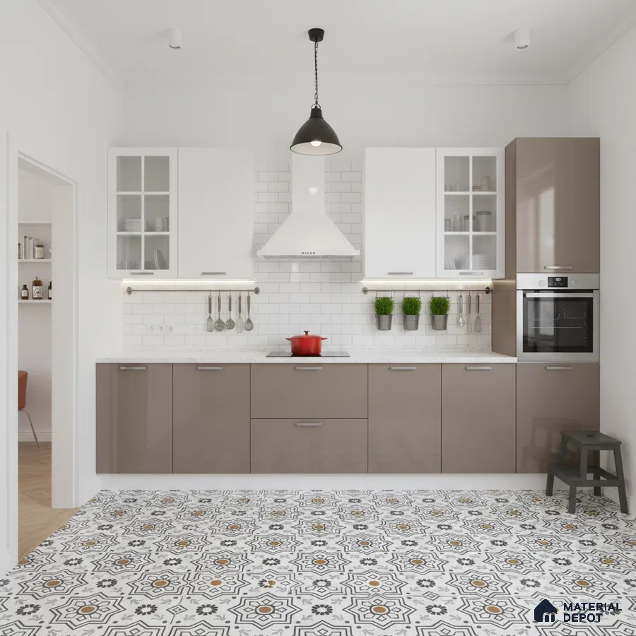 Modern kitchen with taupe and white laminate cabinets, white subway tile backsplash, and patterned geometric floor tiles in Bengaluru