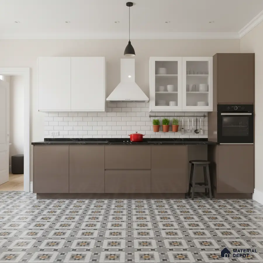 Modern kitchen with taupe brown laminate, white subway tile backsplash, and patterned geometric floor tiles in Bengaluru
