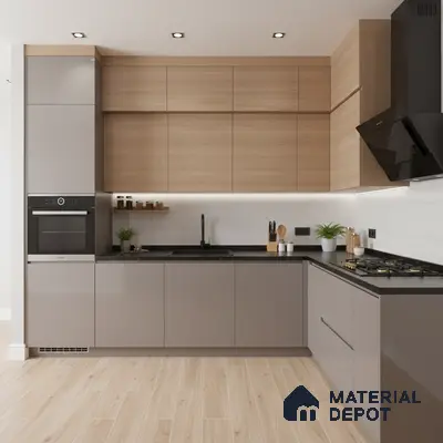 Modern kitchen with taupe glossy laminate, light oak laminate, black quartz countertop, and wood-look floor tile in Bengaluru