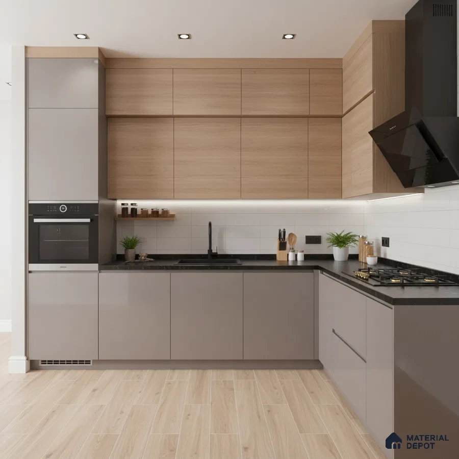 Modern kitchen with taupe glossy laminate, light oak laminate, black quartz countertop, and wood-look floor tile in Bengaluru