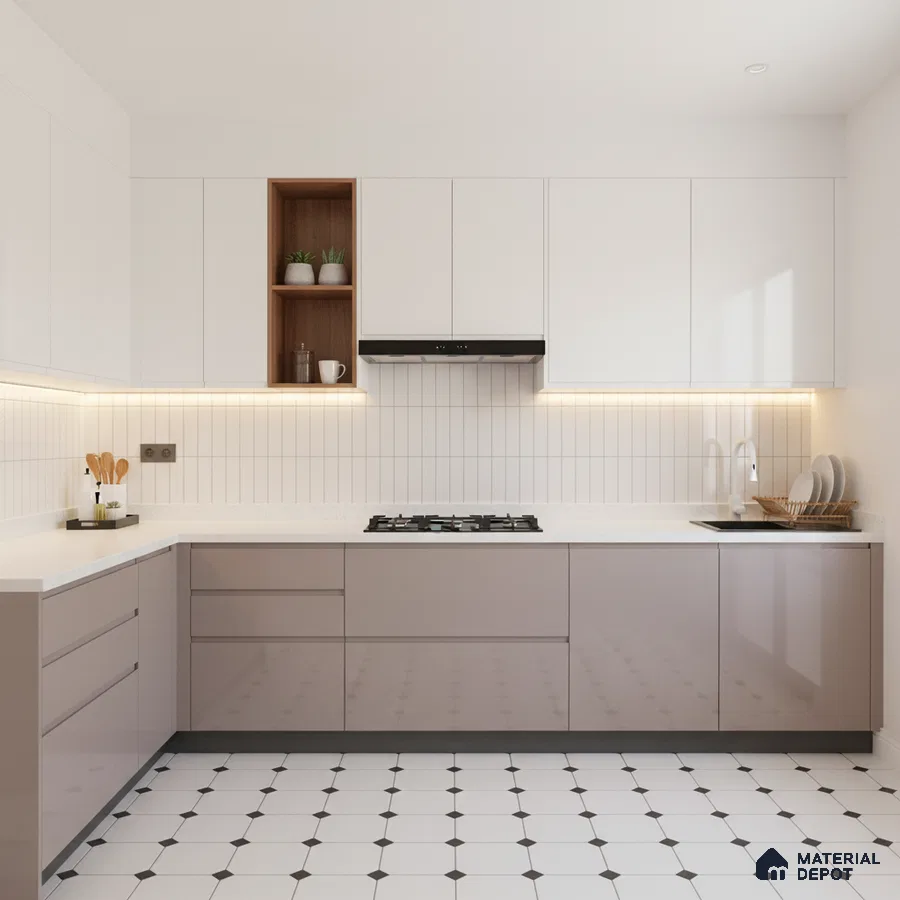 Modern kitchen with taupe glossy laminate, white quartz countertop, and white geometric floor tiles in Bengaluru
