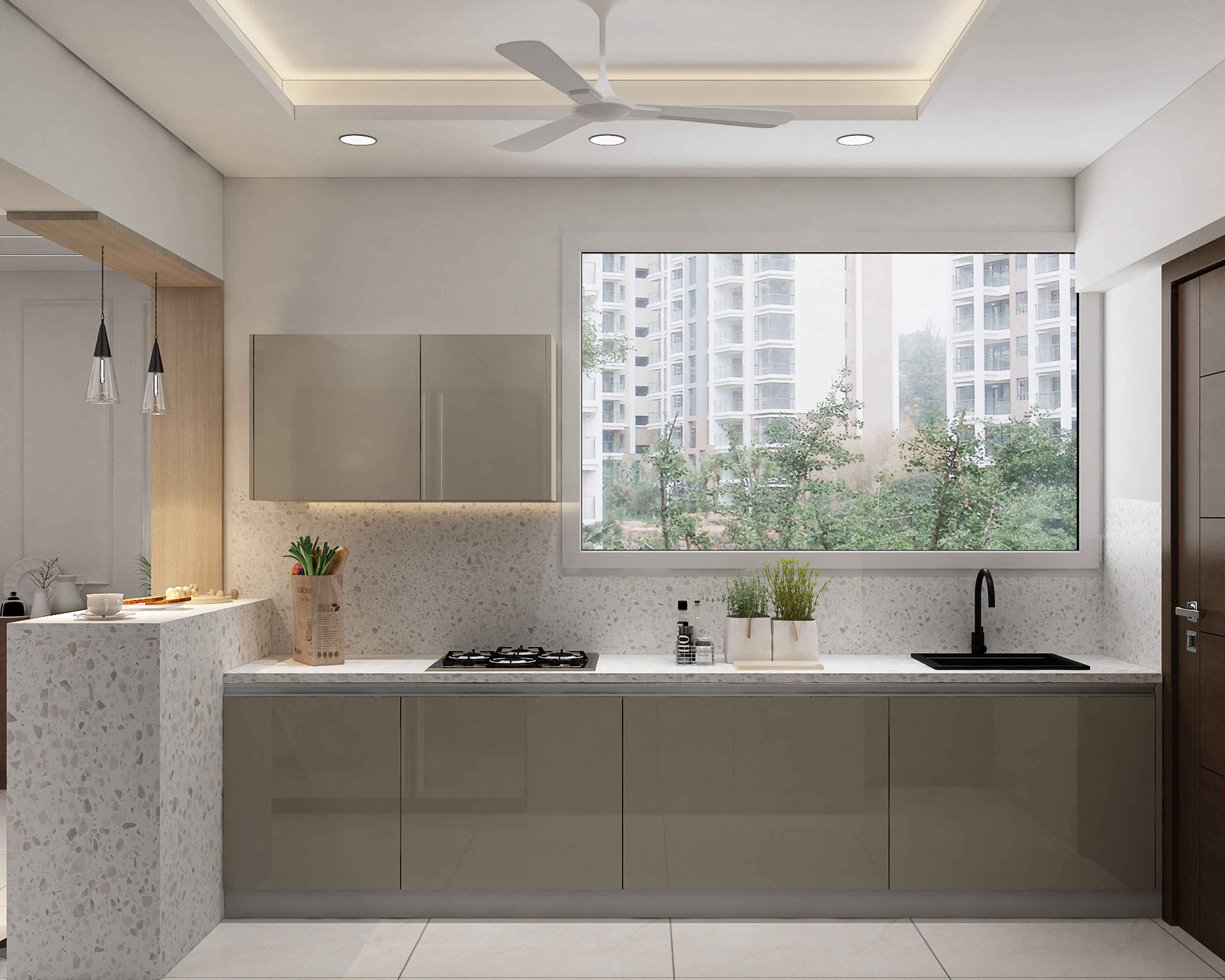 Modern kitchen with taupe high gloss laminate cabinets and terrazzo backsplash in Bengaluru | Material Depot