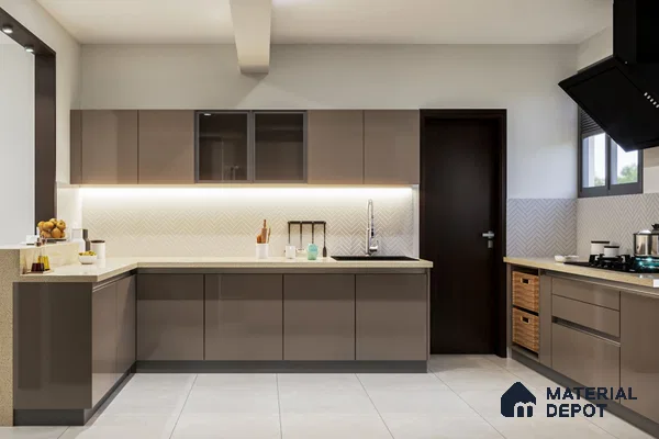 Modern kitchen with taupe high gloss laminate cabinets, beige quartz countertop, and chevron backsplash tile in Bengaluru | Material Depot