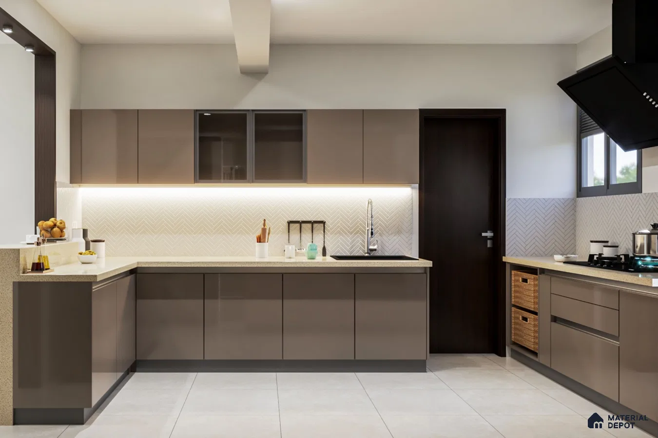 Modern kitchen with taupe high gloss laminate cabinets, beige quartz countertop, and chevron backsplash tile in Bengaluru | Material Depot
