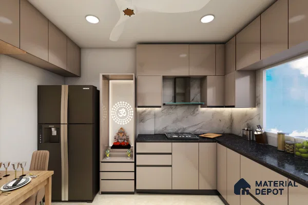 Modern kitchen with taupe high gloss laminate cabinets, black granite countertop, and marble-look backsplash in Bengaluru | Material Depot