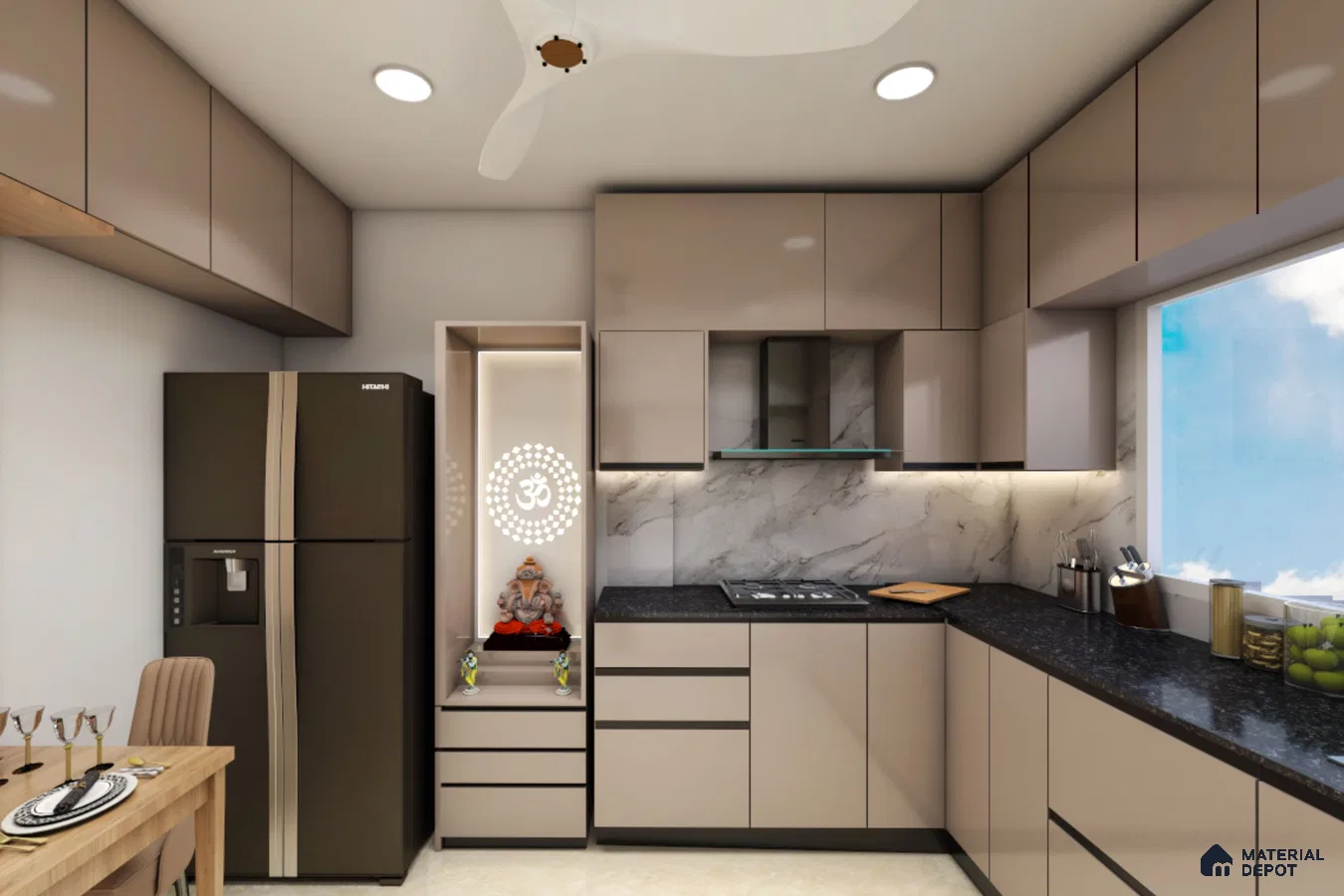 Modern kitchen with taupe high gloss laminate cabinets, black granite countertop, and marble-look backsplash in Bengaluru | Material Depot