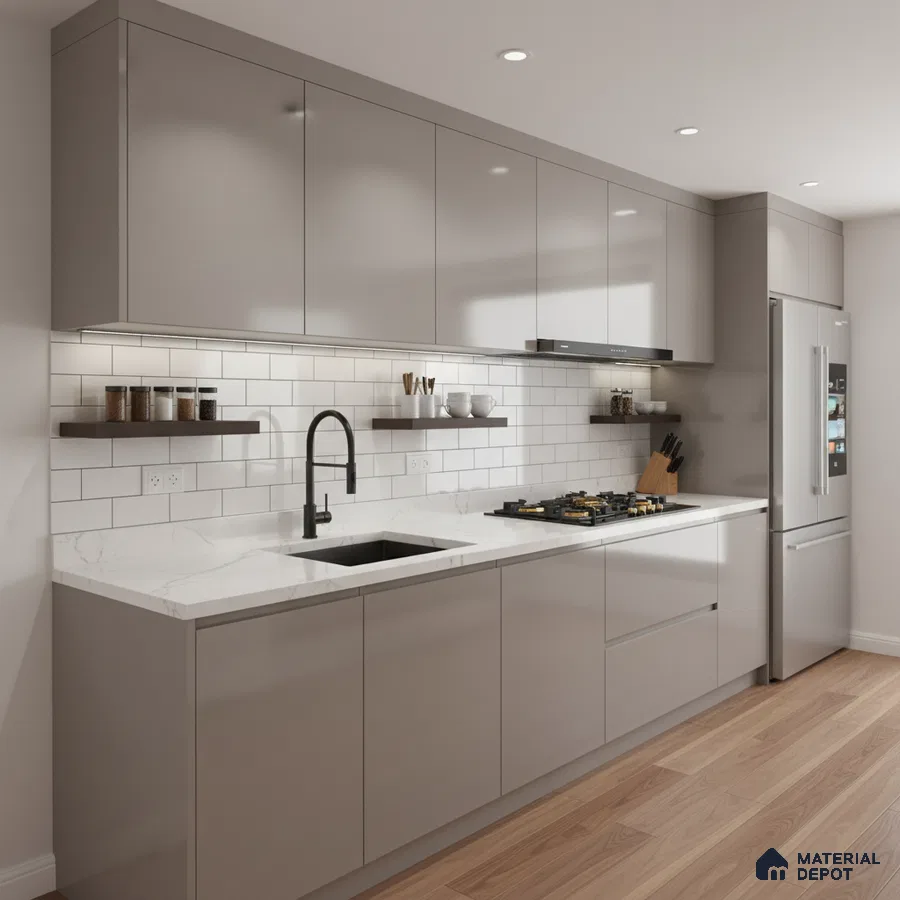 Modern kitchen with taupe high gloss laminate cabinets, white marble-look quartz countertop, and subway tile backsplash in Bengaluru