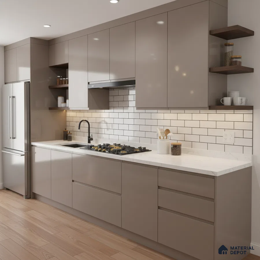 Modern kitchen with taupe high gloss laminate cabinets, white marble-look quartz countertop, and subway tile backsplash in Bengaluru