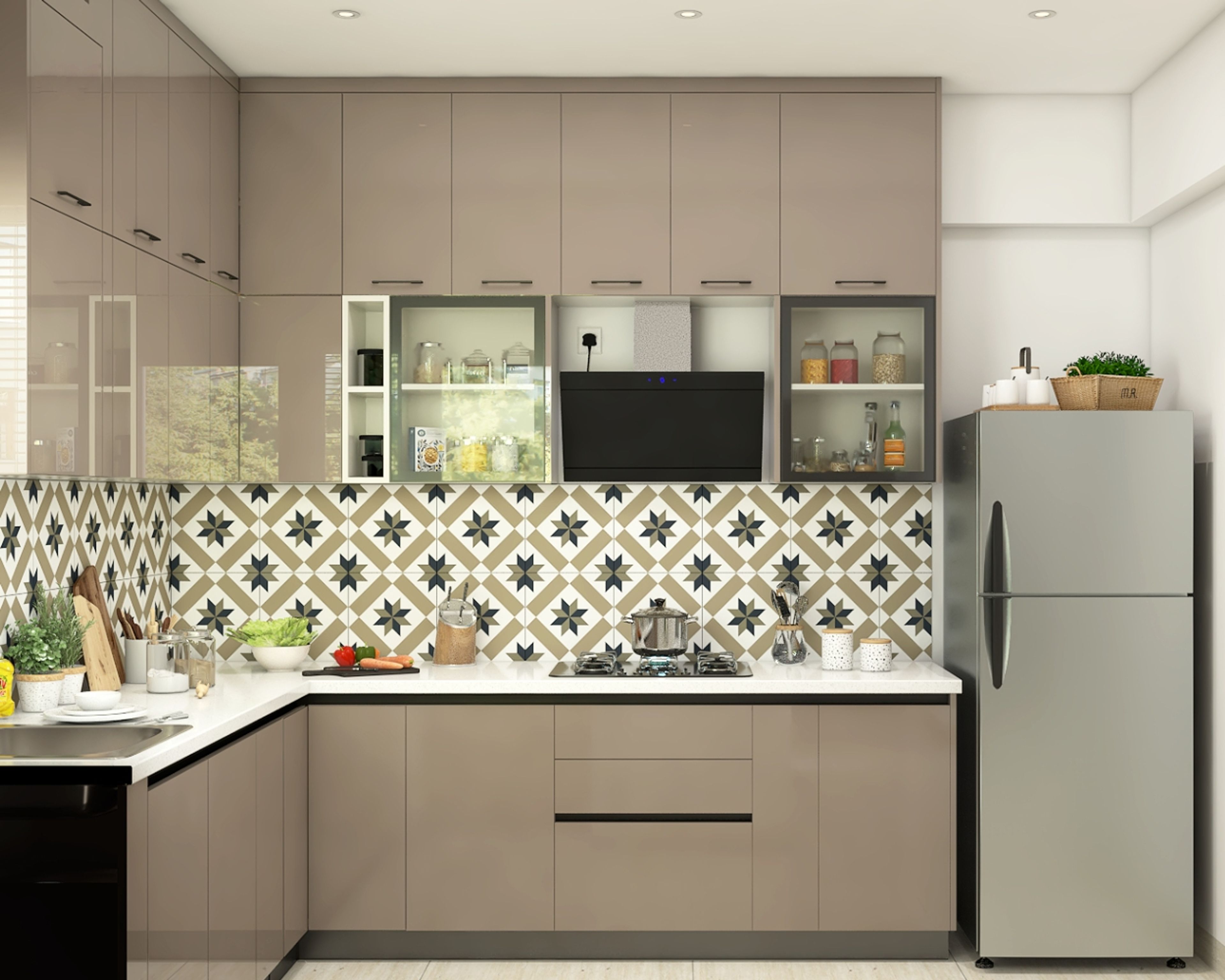 Modern kitchen with taupe high gloss laminate cabinets, white quartz countertop, and geometric patterned backsplash tiles in Bengaluru | Material Depot