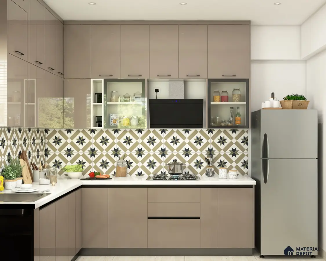 Modern kitchen with taupe high gloss laminate cabinets, white quartz countertop, and geometric patterned backsplash tiles in Bengaluru | Material Depot