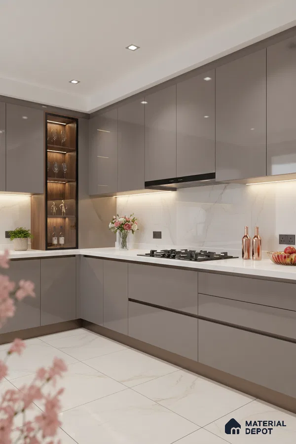 Modern kitchen with taupe high gloss laminate cabinets, white quartz countertop, and marble-look tile flooring in Bengaluru