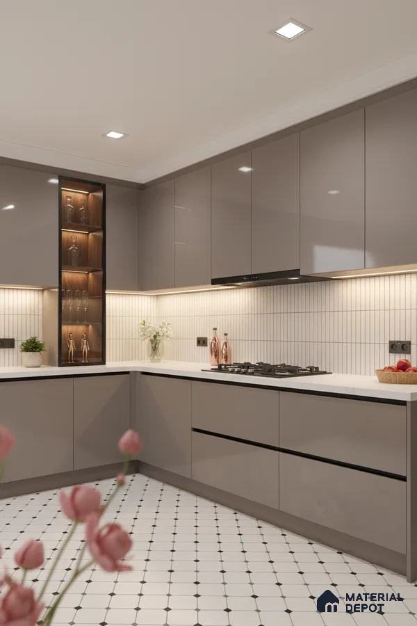 Modern kitchen with taupe high gloss laminate cabinets, white quartz countertop, and white geometric floor tiles in Bengaluru