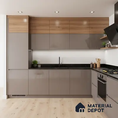 Modern kitchen with taupe high gloss laminate, natural oak laminate, and black marble countertop in Bengaluru