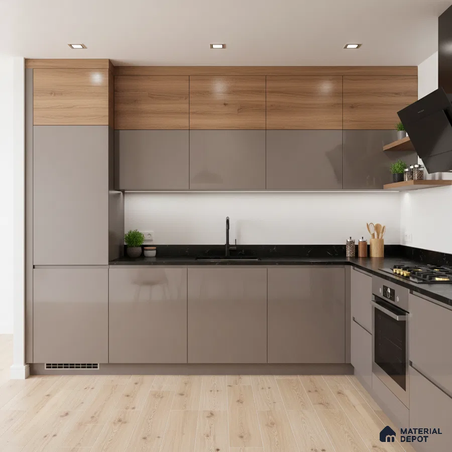 Modern kitchen with taupe high gloss laminate, natural oak laminate, and black marble countertop in Bengaluru