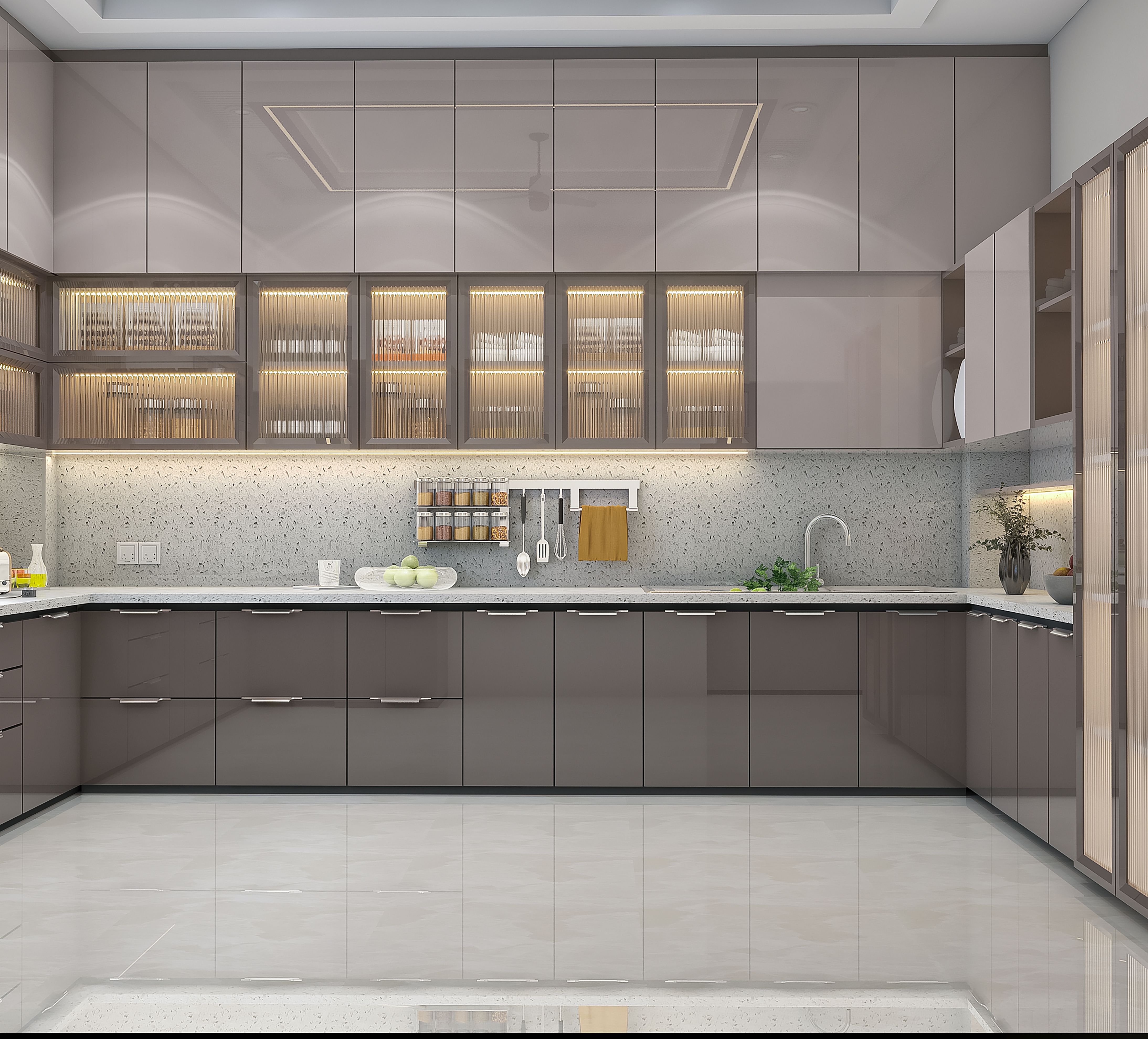Modern kitchen with taupe high gloss laminate, terrazzo backsplash, and white quartz countertop in Bengaluru | Material Depot