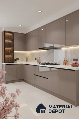 Modern kitchen with taupe high gloss laminate, white marble-look backsplash, and white quartz countertop in Bengaluru