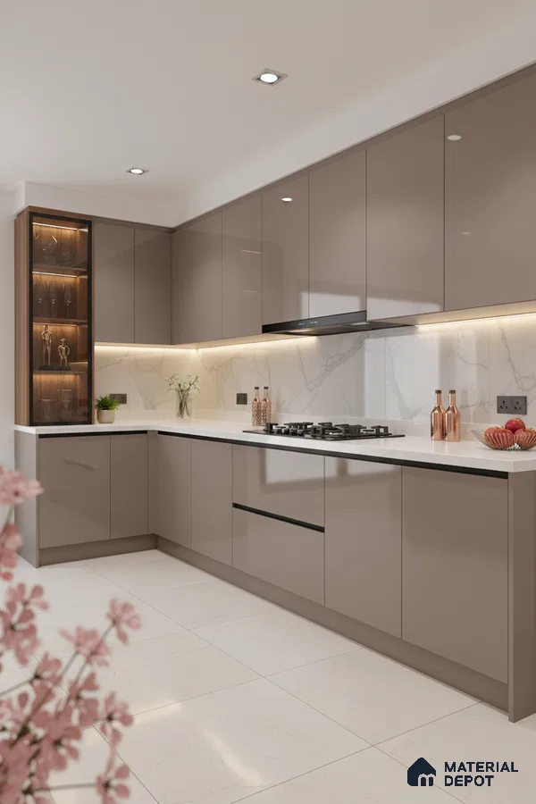Modern kitchen with taupe high gloss laminate, white marble-look backsplash, and white quartz countertop in Bengaluru