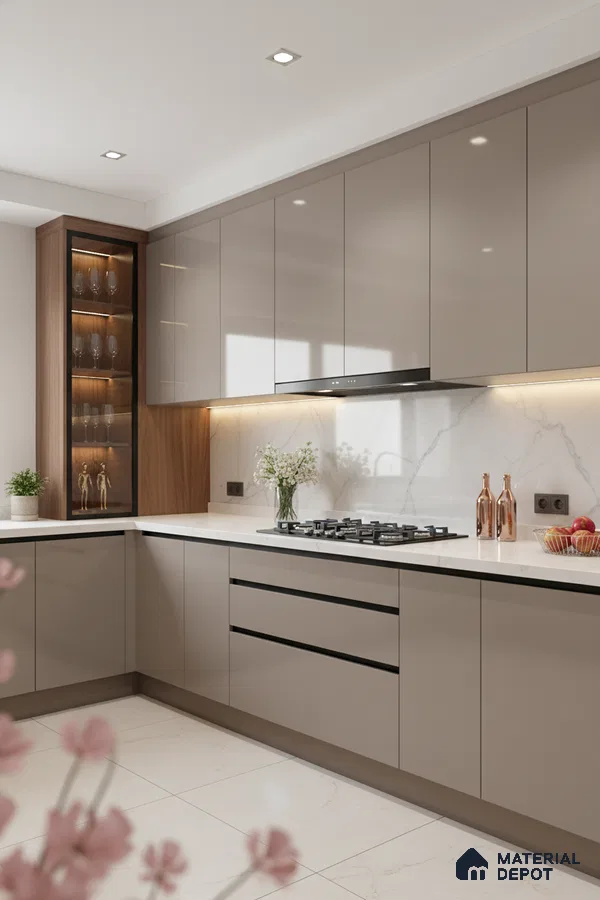 Modern kitchen with taupe high gloss laminate, white marble-look backsplash, and white quartz countertop in Bengaluru