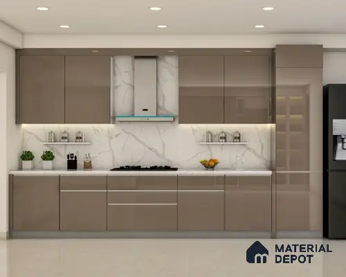 Modern kitchen with taupe high gloss laminate, white marble-look backsplash, and white quartz countertop in Bengaluru | Material Depot
