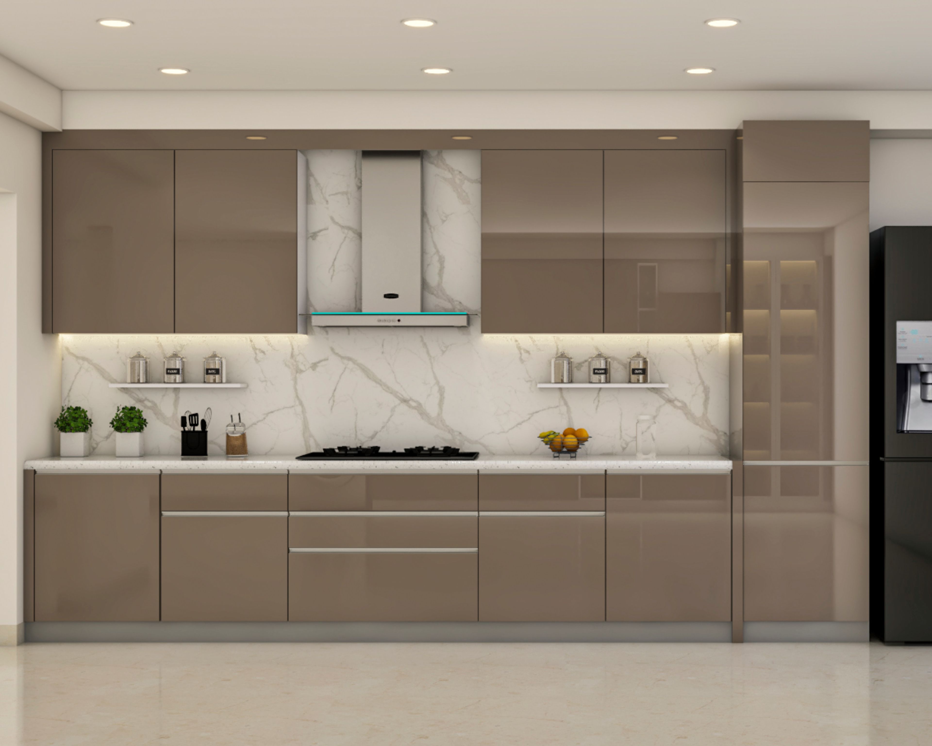 Modern kitchen with taupe high gloss laminate, white marble-look backsplash, and white quartz countertop in Bengaluru | Material Depot