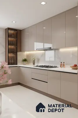Modern kitchen with taupe high gloss laminate, white quartz countertop, and marble-look backsplash in Bengaluru