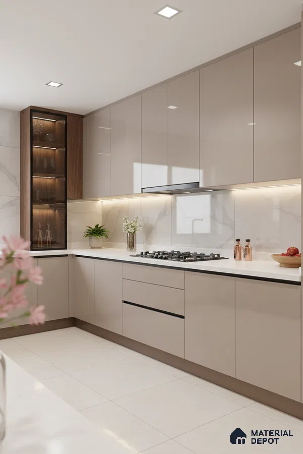 Modern kitchen with taupe high gloss laminate, white quartz countertop, and marble-look backsplash in Bengaluru