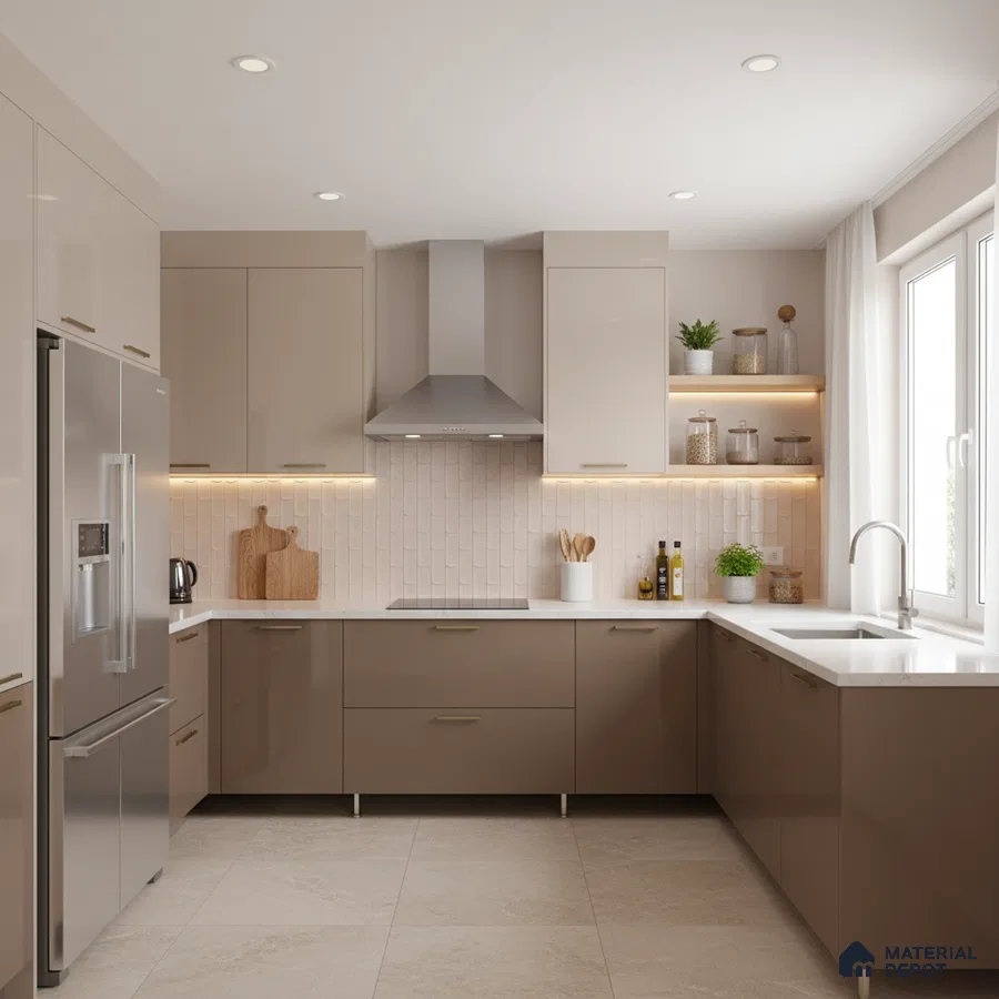Modern kitchen with taupe high gloss laminate, white quartz countertop, and vertical subway backsplash tile in Bengaluru