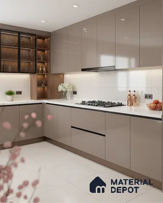Modern kitchen with taupe high gloss laminate, white quartz countertop, and walnut open shelving in Bengaluru