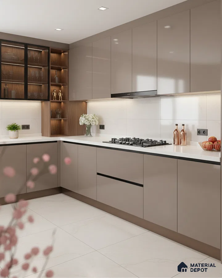 Modern kitchen with taupe high gloss laminate, white quartz countertop, and walnut open shelving in Bengaluru