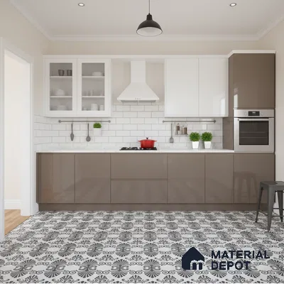 Modern kitchen with taupe high gloss laminate, white subway tile backsplash, and black-and-white patterned floor tiles in Bengaluru