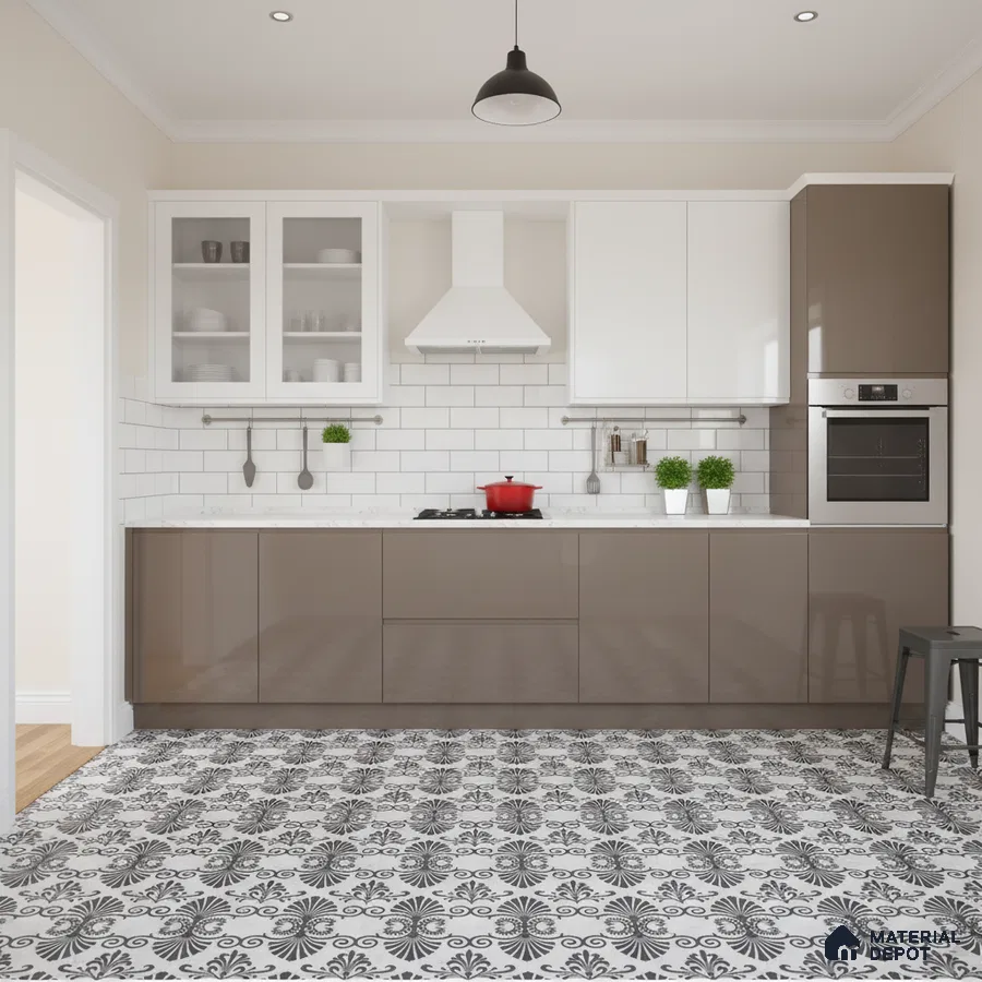 Modern kitchen with taupe high gloss laminate, white subway tile backsplash, and black-and-white patterned floor tiles in Bengaluru