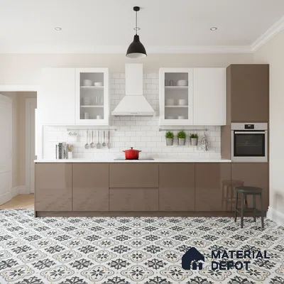 Modern kitchen with taupe high gloss laminate, white subway tile backsplash, and patterned moroccan floor tiles in Bengaluru