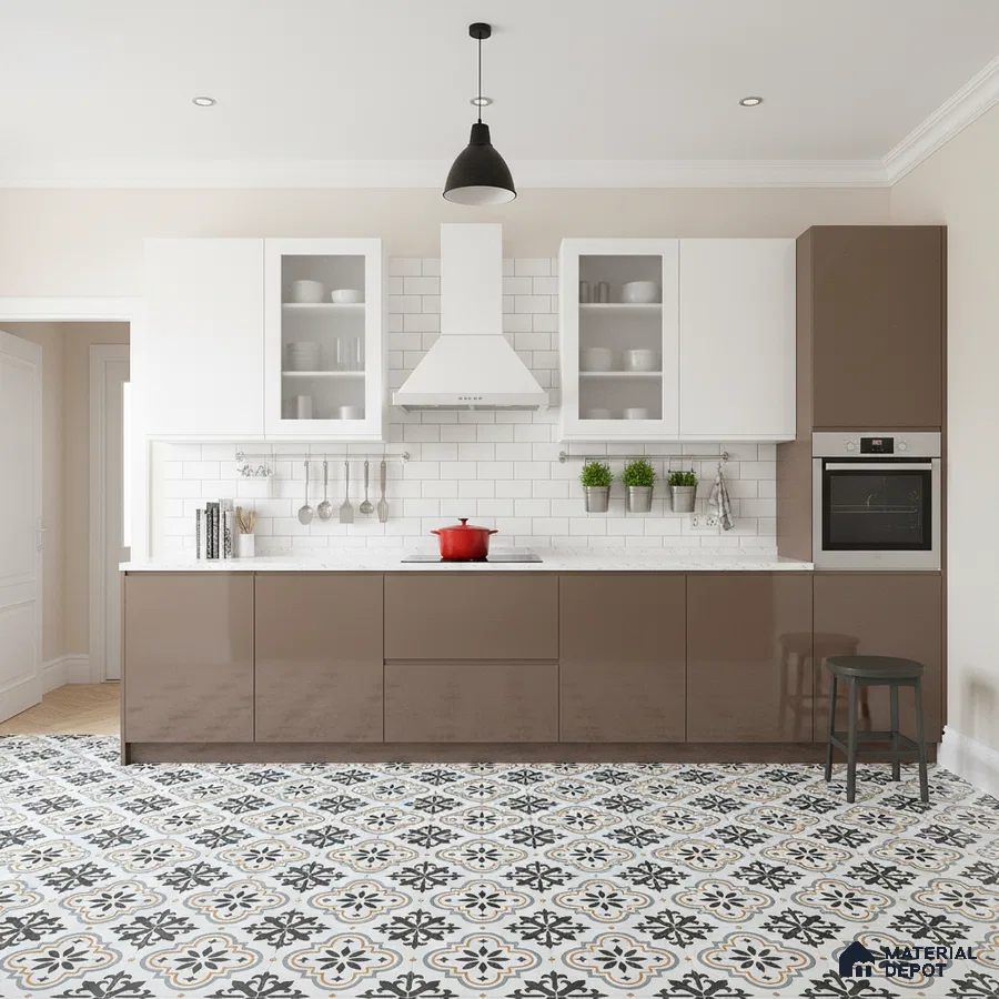 Modern kitchen with taupe high gloss laminate, white subway tile backsplash, and patterned moroccan floor tiles in Bengaluru