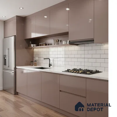 Modern kitchen with taupe high gloss laminate, white subway tile backsplash, and white marble countertop in Bengaluru