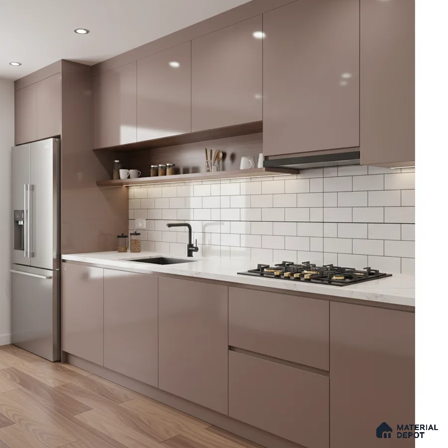 Modern kitchen with taupe high gloss laminate, white subway tile backsplash, and white marble countertop in Bengaluru