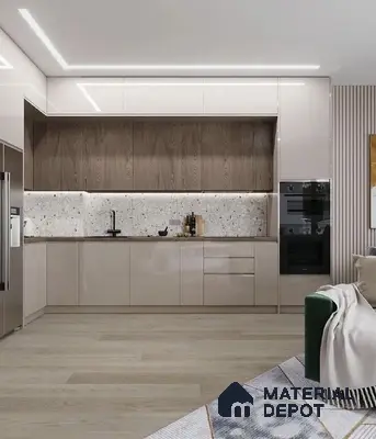 Modern kitchen with taupe high gloss laminate, wood grain laminate, terrazzo backsplash, and light oak flooring in Bengaluru | Material Depot