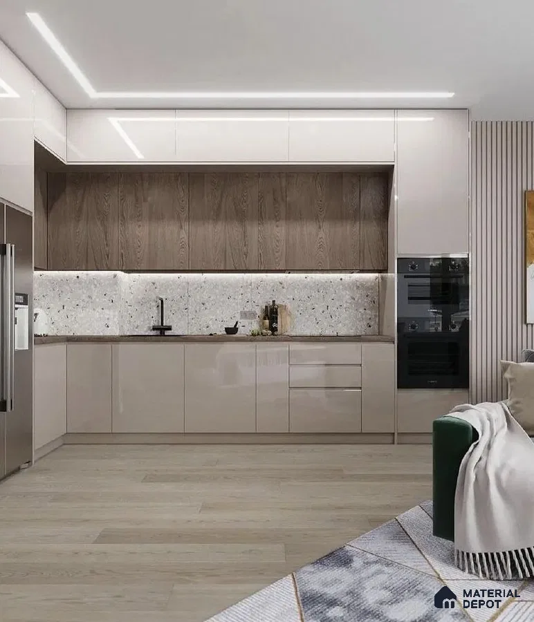 Modern kitchen with taupe high gloss laminate, wood grain laminate, terrazzo backsplash, and light oak flooring in Bengaluru | Material Depot