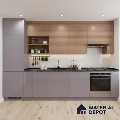 Modern kitchen with taupe laminate base cabinets, natural oak wood laminate wall cabinets, and black granite countertop in Bengaluru